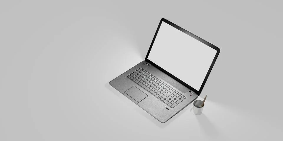 Laptop computer with white screen and keyboard 3D illustration Illustrazione stock