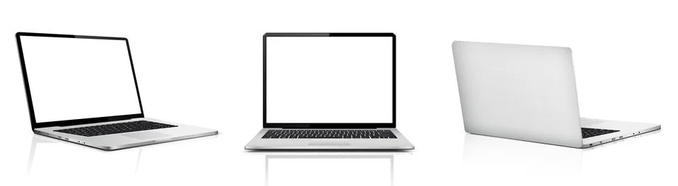 Laptop computer with white screen, front and rear view with reflection Stock Illustration