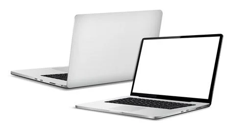 Laptop computer with white screen front and rear view Illustrazione stock