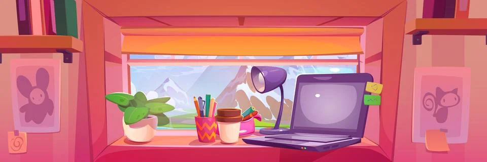 Laptop computer on window with mountain view Stockillustratie