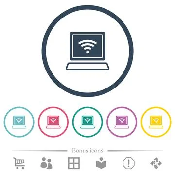 Laptop computer with wireless symbol alternate flat color icons in round outl Stock Illustration