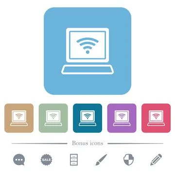 Laptop computer with wireless symbol alternate white flat icons on color roun Stock Illustration
