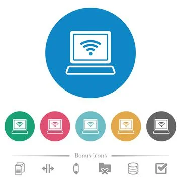 Laptop computer with wireless symbol alternate flat round icons Stock Illustration