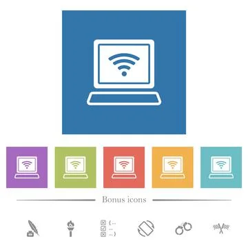 Laptop computer with wireless symbol alternate flat white icons in square bac Stock Illustration