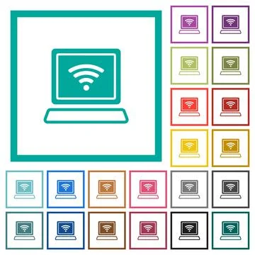 Laptop computer with wireless symbol alternate flat color icons with quadrant Stock Illustration