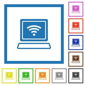 Laptop computer with wireless symbol alternate flat framed icons Stock Illustration