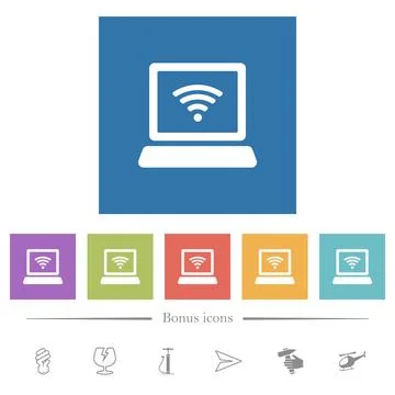 Laptop computer with wireless symbol flat white icons in square backgrounds イラスト素材