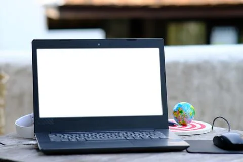 Laptop computer working space with office equipment Stock Photos