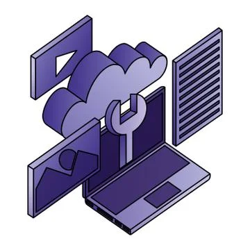 Laptop computer wrench cloud network data apps Stock Illustration