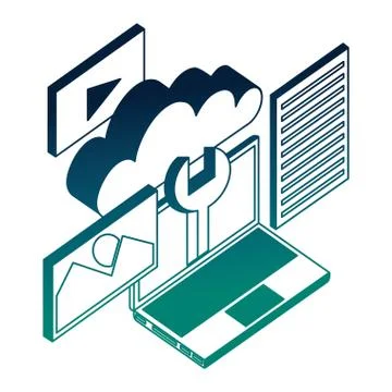 Laptop computer wrench cloud network data apps 스톡 일러스트