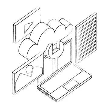 Laptop computer wrench cloud network data apps Stock Illustration