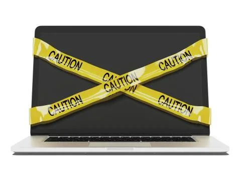 Laptop computer with yellow caution tape Stock Illustration