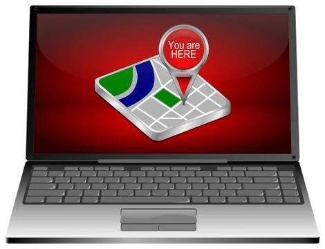 Laptop Computer with You are Here Map Pointer - 3D illustration Stock Illustration