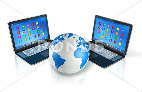 Laptop computers around world globe Stock Illustration