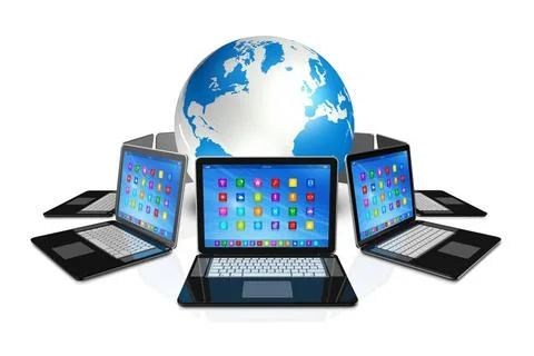 Laptop Computers around World Globe 3D Laptop Computers around World Globe... Stock Photos
