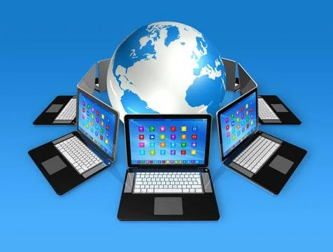 Laptop Computers around World Globe 3D Laptop Computers around World Globe... Stock Photos