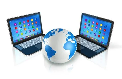 Laptop Computers around World Globe 3D Laptop Computers around World Globe... Foto stock