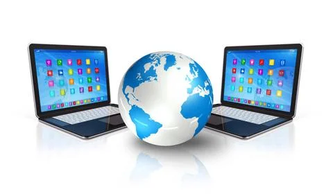 Laptop Computers around World Globe 3D Laptop Computers around World Globe... Stock Photos