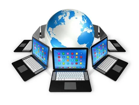 Laptop Computers around World Globe 3D Laptop Computers around World Globe... Foto stock