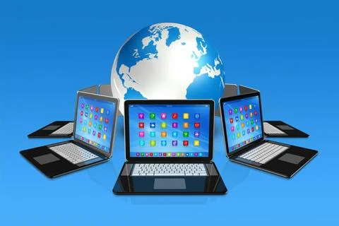 Laptop Computers around World Globe 3D Laptop Computers around World Globe... Stock Photos