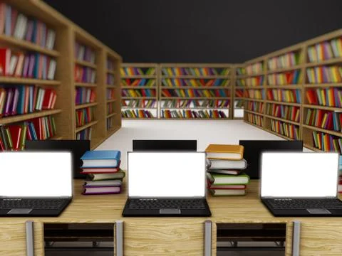 Laptop computers with blank screens standing on table inside a library Illustrazione stock