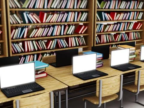 Laptop computers with blank screens standing on table inside a library Stock Illustration