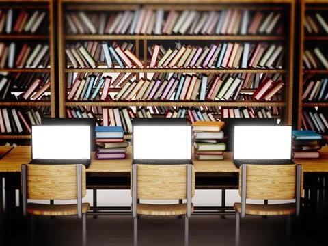Laptop computers with blank screens standing on table inside a library Illustrazione stock