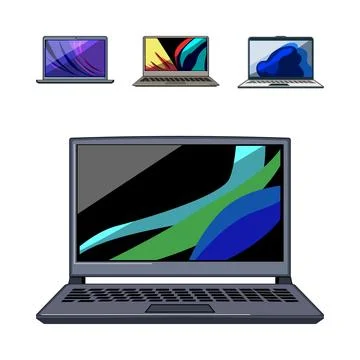 Laptop computers displaying abstract digital screen images Stock Illustration