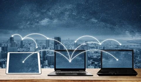 Laptop computers with network connection and sharing data to other device Stock Photos