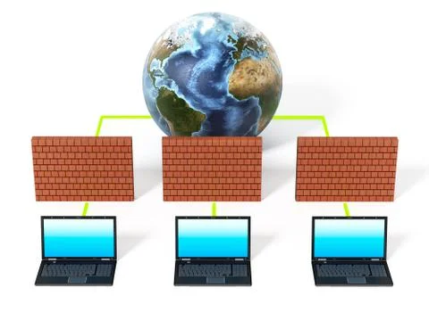 Laptop computers protected by firewall. 3D illustration Stock Illustration