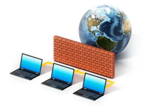 Laptop computers protected by firewall. 3D illustration Stock Illustration