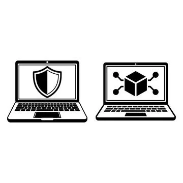 Laptop computers with shield and cube network icons Stock Illustration
