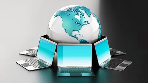 Laptop computers standing around the globe. 3D illustration Stock Illustration