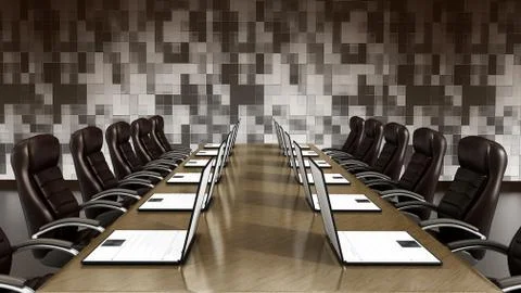 Laptop computers standing on boardroom table Stock Illustration