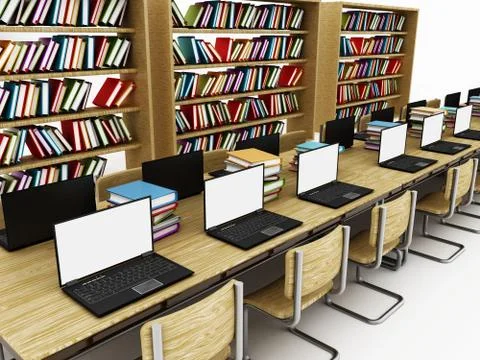 Laptop computers on the table inside a library Stock Illustration
