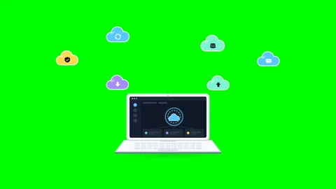 Laptop connected to cloud network data transfer concept green screen background Stock Footage 348033330