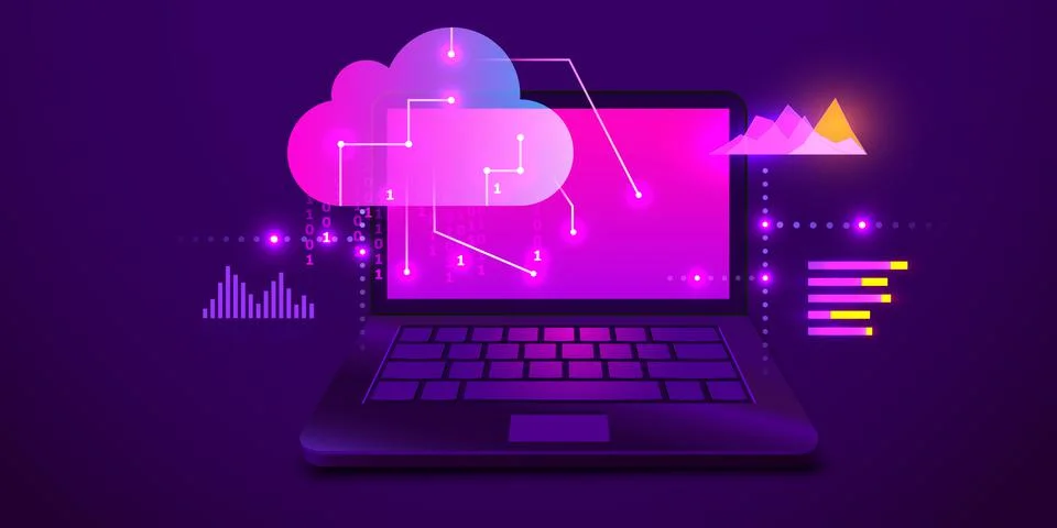 Laptop connected to cloud server service. Cloud computing. Modern futuristic Illustrazione stock