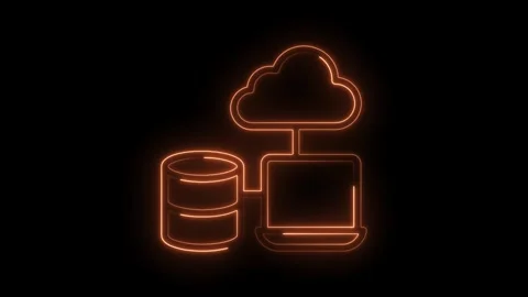 Laptop connecting to cloud and database servers glowing orange outline on black Stock Footage 322975056