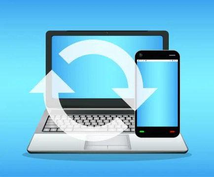 Laptop connecting a smartphone to syncing transfer data Stock Illustration
