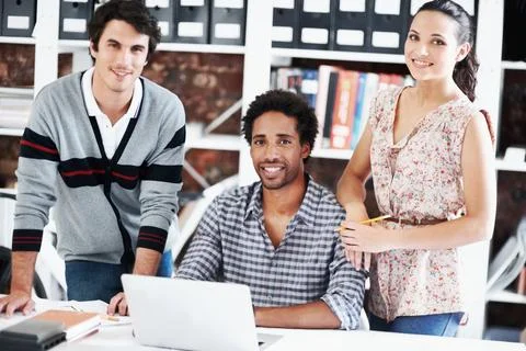 Laptop, creative and portrait of business people in office for architect, a.. Stock Photos