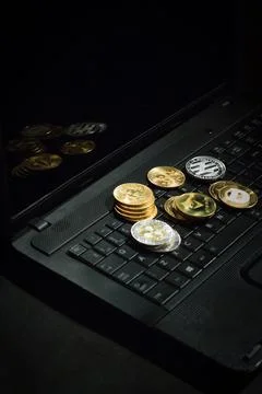 Laptop with cryptocurrencies Stock Photos