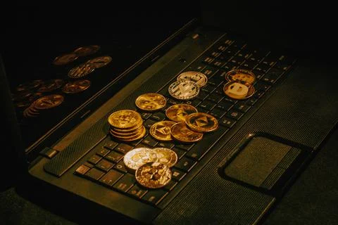 Laptop with cryptocurrencies Stock Photos