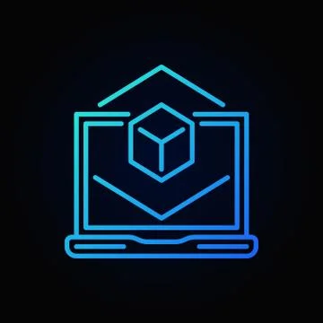 Laptop with cube blue linear icon. Vector AR concept sign 스톡 일러스트