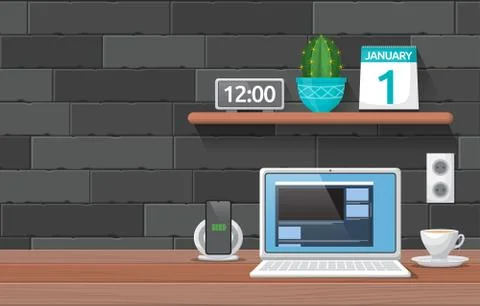 Laptop Cup of Coffee on Workbench Office Work Table Illustration 스톡 일러스트