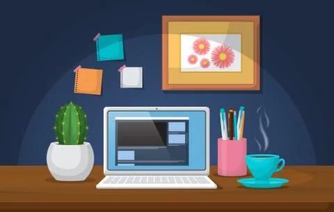 Laptop Cup of Coffee on Workbench Office Work Table Illustration Stockillustratie