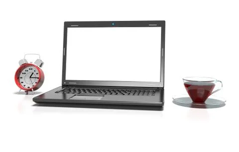 Laptop, cup of hot tea and alarm clock, 3D illustration Illustrazione stock