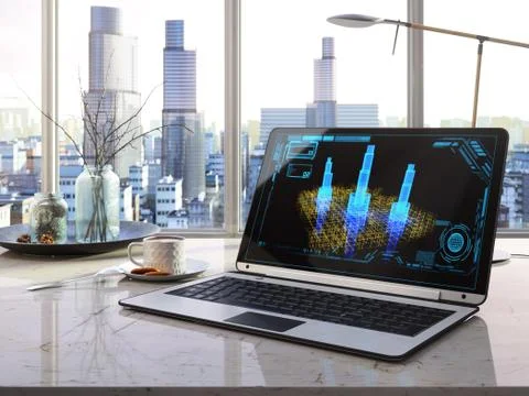 Laptop, cup on table in office architecture project concept Stock Illustration
