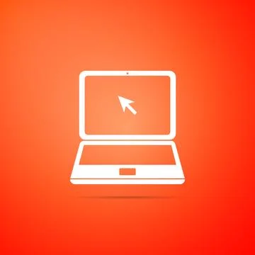 Laptop with cursor icon isolated on orange background. Flat design. Vector .. 스톡 일러스트