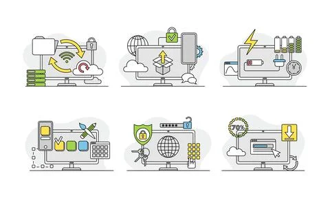 Laptop customization set. Computer repair service, maintenance, technical Illustrazione stock