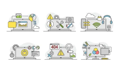 Laptop customization set. Repair, maintenance, restore and configuration concept 스톡 일러스트